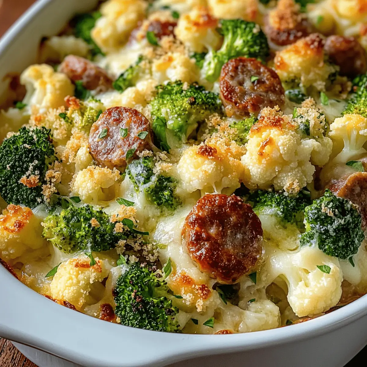 Cheesy Broccoli, Sausage and Cauliflower Casserole