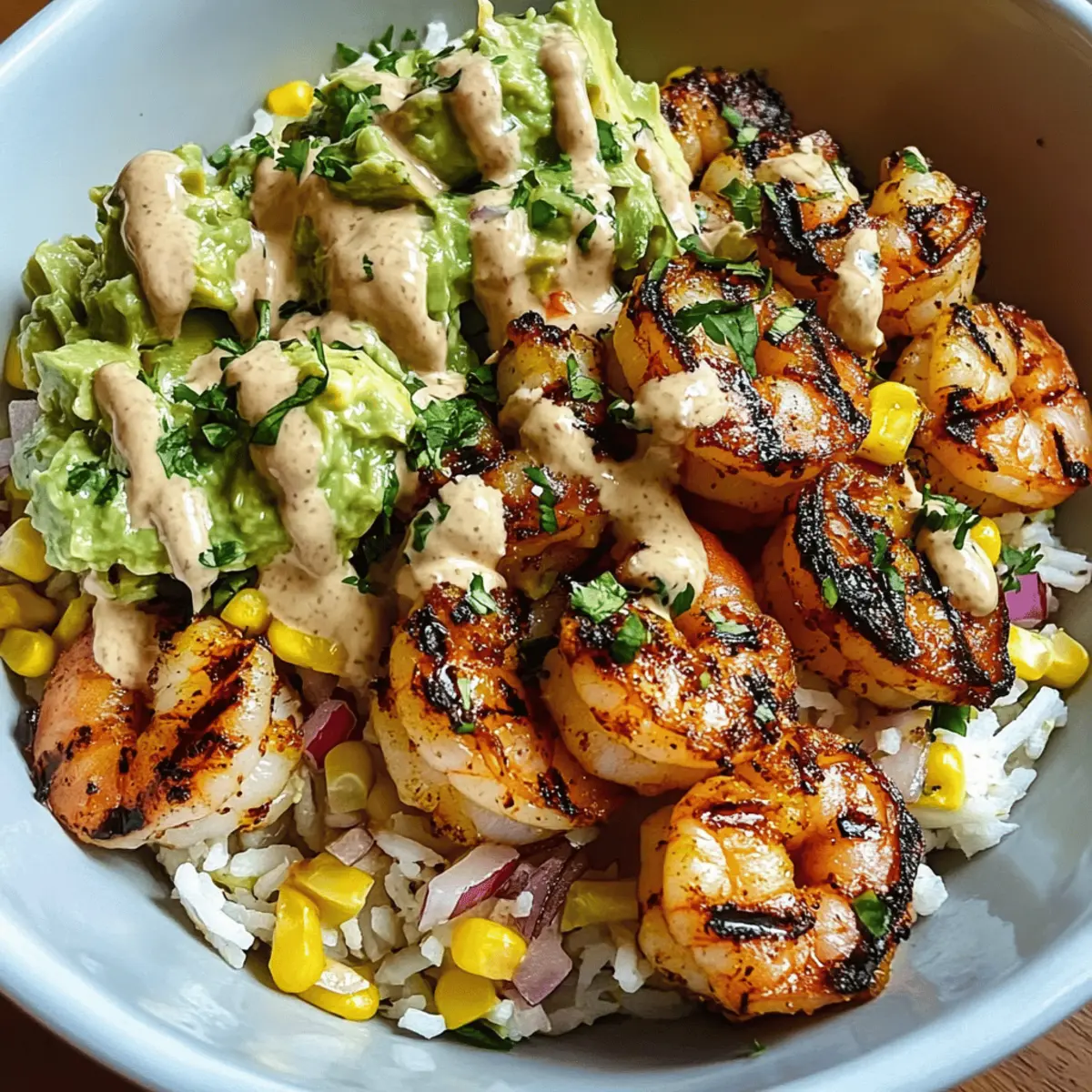 Grilled Shrimp Bowl with Avocado Corn Salsa & Creamy Sauce