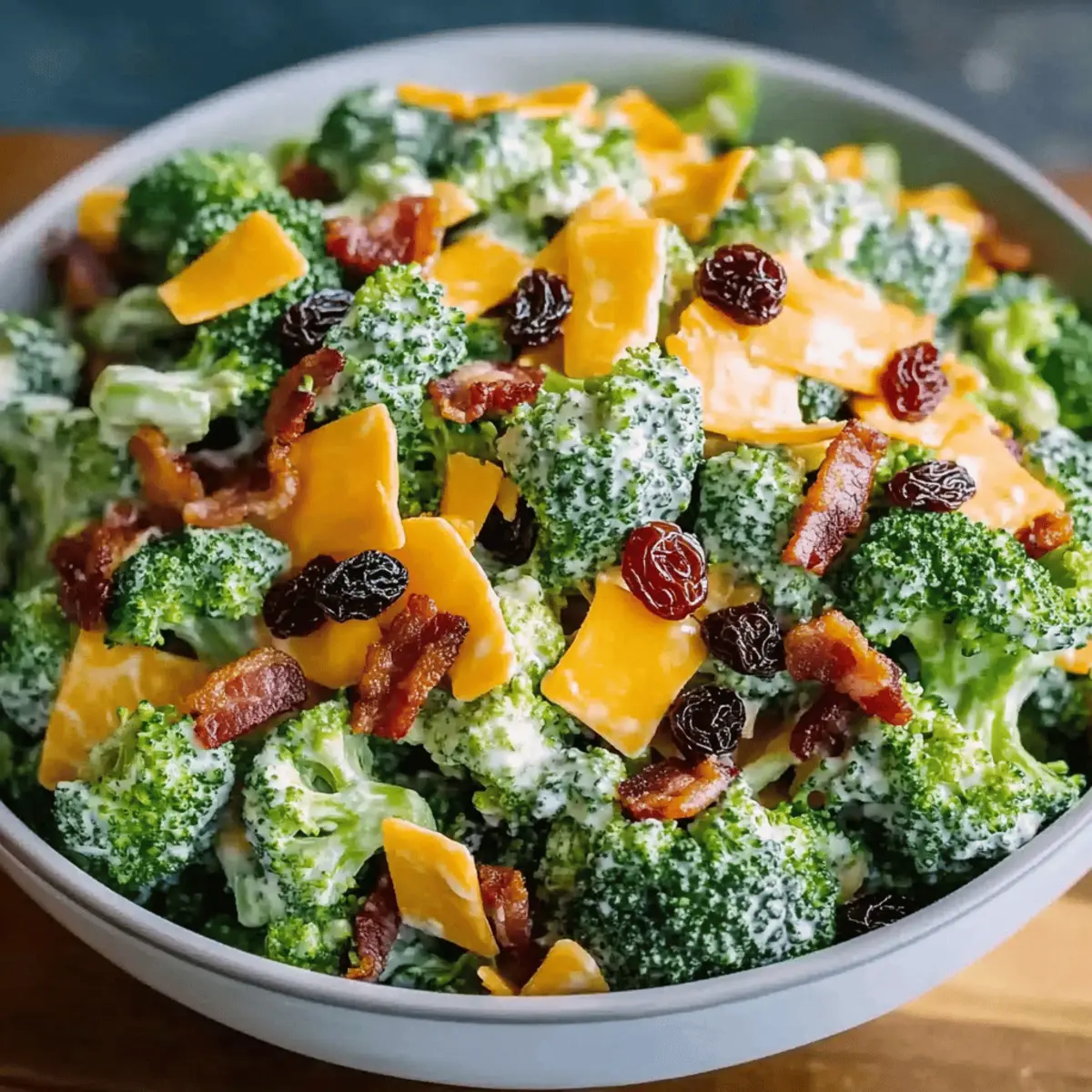 Classic Broccoli Bacon Salad with Raisins and Cheddar Cheese