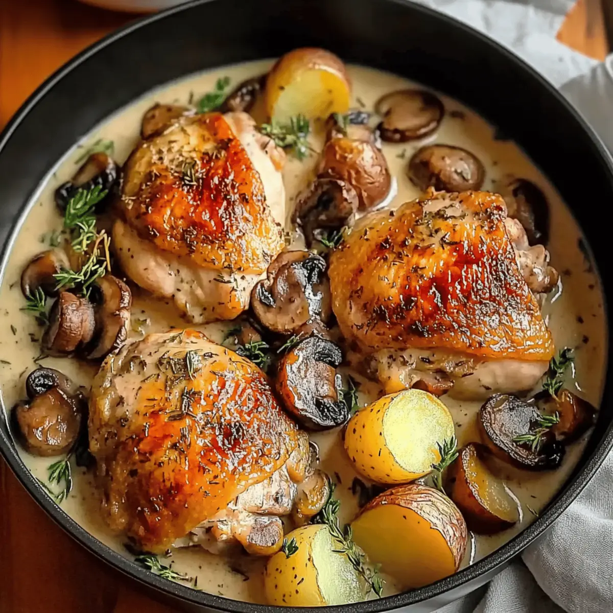 Herb Roasted Chicken in Creamy White Sauce with Mushroom and Potatoes