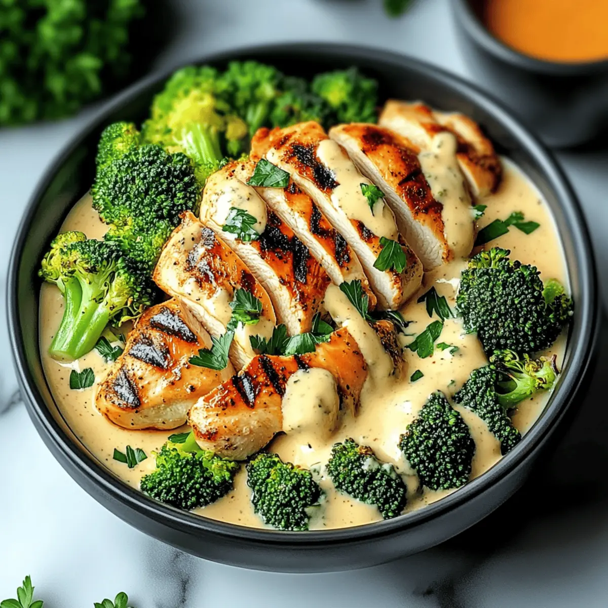 Grilled Chicken & Broccoli Bowls with Creamy Garlic Sauce