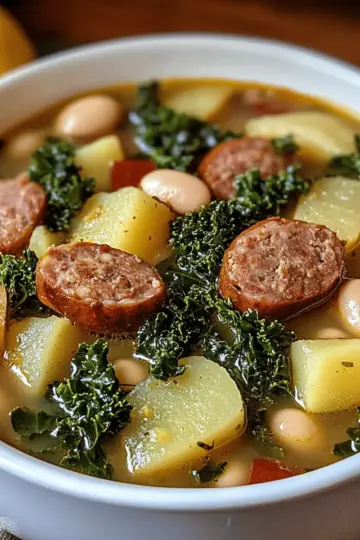 Hearty Sausage Soup with Potatoes, Beans, and Kale