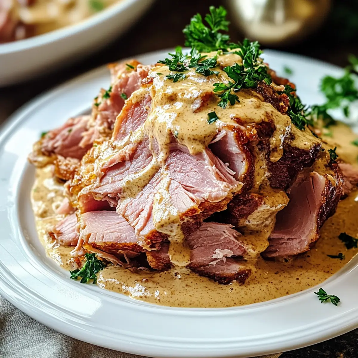 Slowcooker Creamy Mustard Pulled Ham