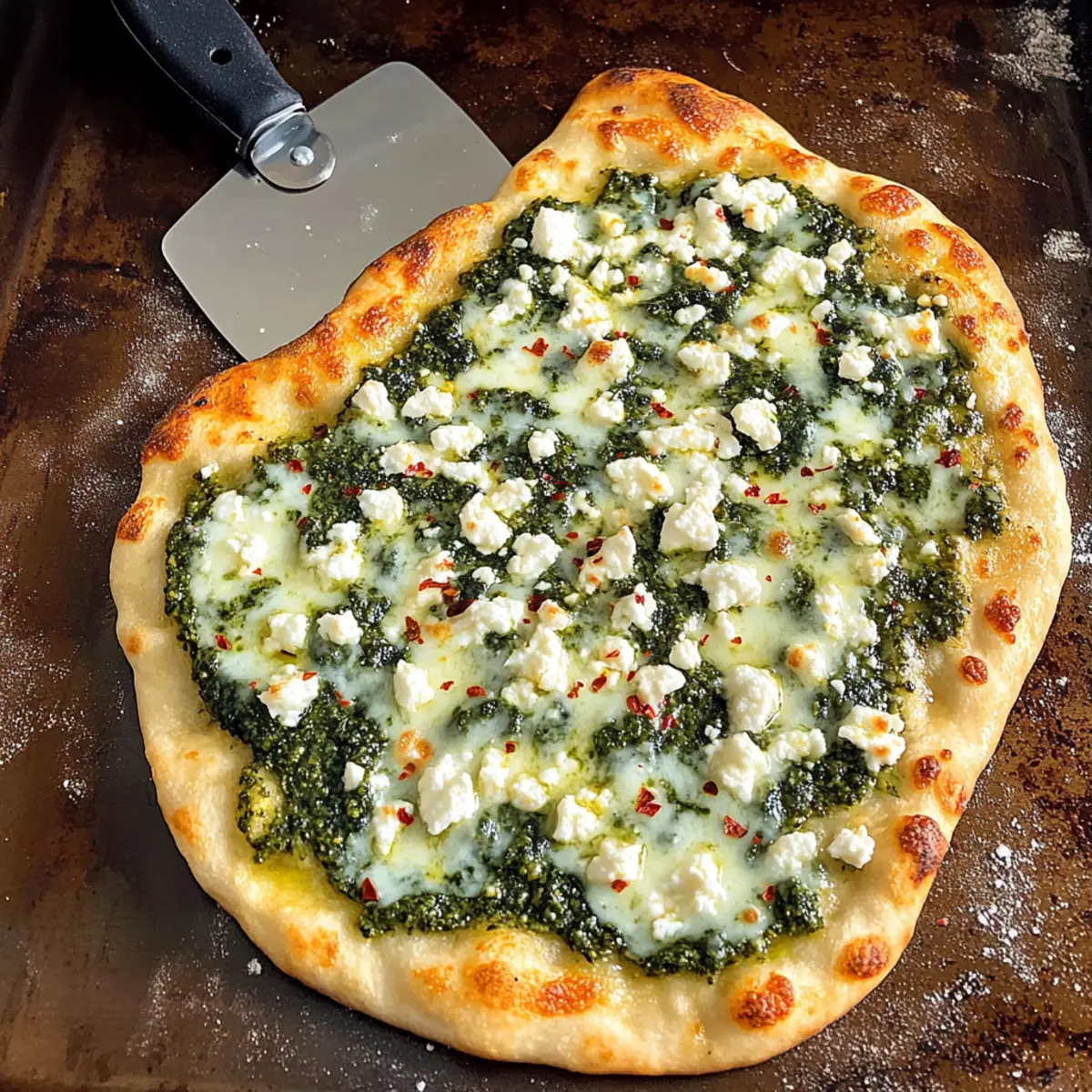 Three Cheese Pesto Spinach Flatbread Pizza