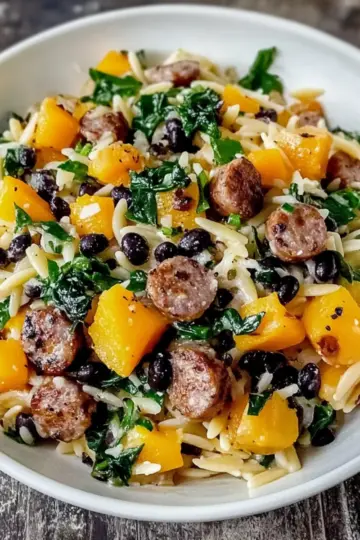 Butternut Squash and Black Bean Orzo with Sausage and Spinach