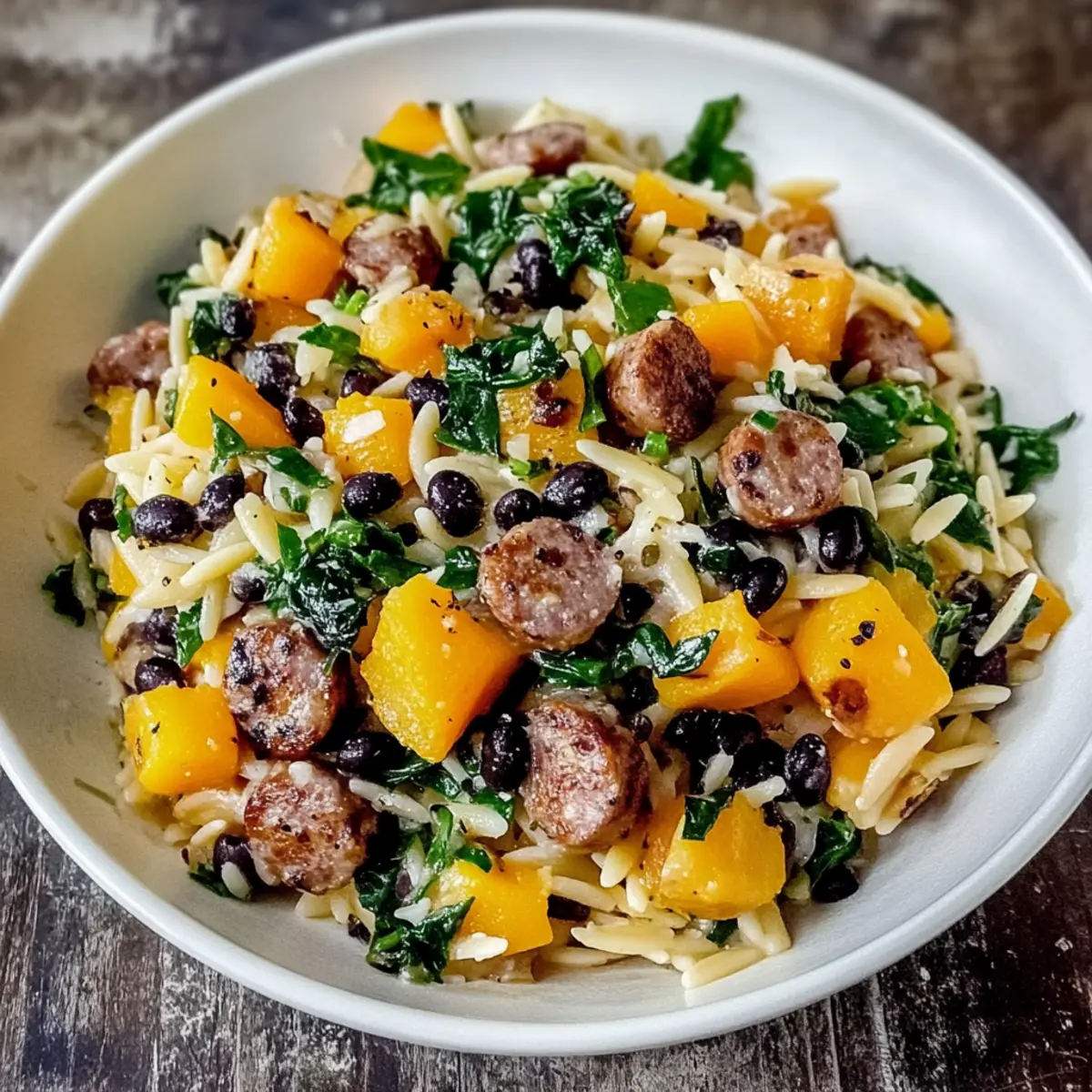 Butternut Squash and Black Bean Orzo with Sausage and Spinach
