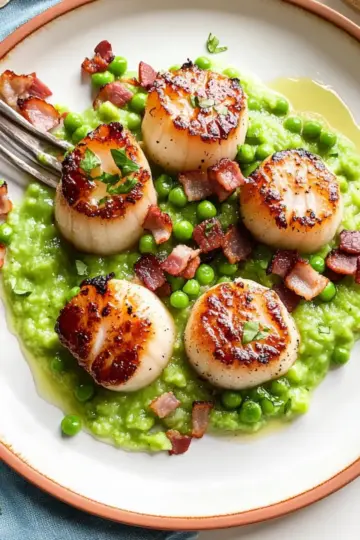 Seared Scallops with Green Peas, Mint and Shallots