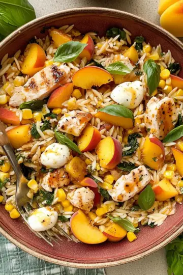 Peach & Basil Chicken Orzo Salad with Hot Honey Vinaigrette