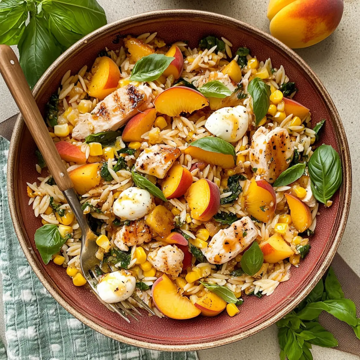 Peach & Basil Chicken Orzo Salad with Hot Honey Vinaigrette