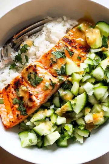 Bang Bang Salmon with Avocado Cucumber Salsa