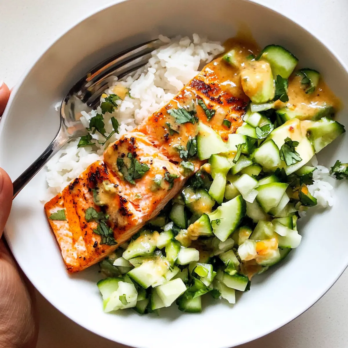 Bang Bang Salmon with Avocado Cucumber Salsa