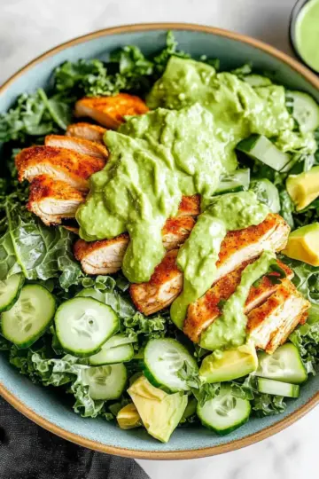 Kale Chicken Salad with Avocado Cilantro Dressing