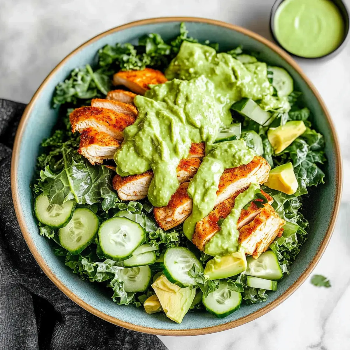 Kale Chicken Salad with Avocado Cilantro Dressing