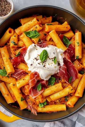 Vodka Sauce Pasta with Crispy Prosciutto and Burrata