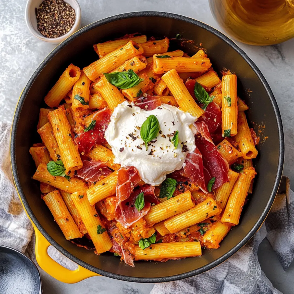 Vodka Sauce Pasta with Crispy Prosciutto and Burrata