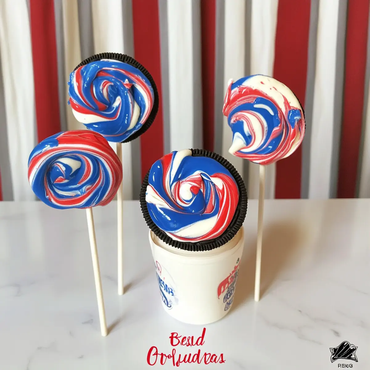 red, white, and blue Oreo pops
